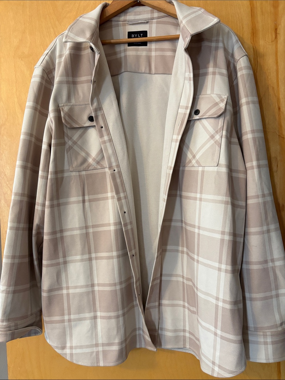 BYLT Basics Beige and White Plaid Lightweight Shirt Jacket
